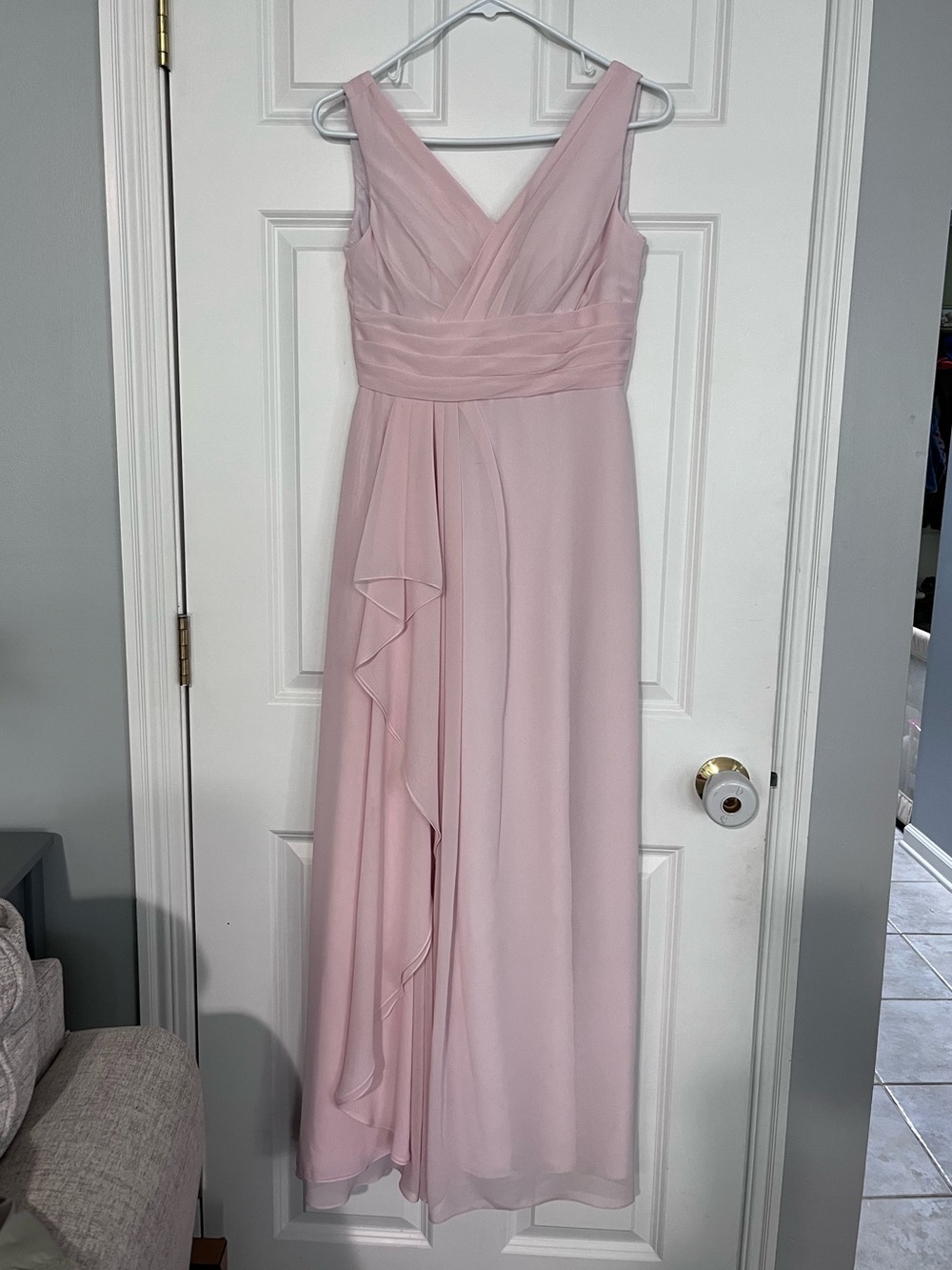 Azazie floor length, chiffon dress, light pink, sz C, 55.5 in. shoulder to hem